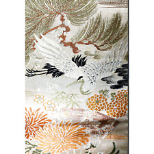 Antique Maru Obi Crane Chrysanthemum Silk Japanese Kimono Belt Bamboo Display picture