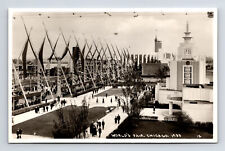 RPPC 1933 Worlds Fair Chicago Avenue of Flags Airship & Sky Ride People Postcard picture
