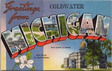 COLDWATER, MICHIGAN Large Letter Postcard State Capitol & Flower - Tichnor Linen picture