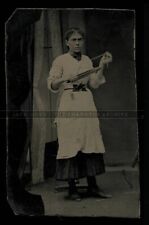 Antique Occupational Tintype Seamstress in Apron Holding Shuttle Scissors Photo picture