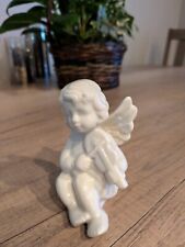 VINTAGE WHITE HIGH GLOSS GLAZED CERAMIC ANGEL WITH VIOLIN stands 4 1/2