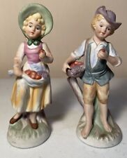 Pair Of Vintage Porcelain Boy & Girl Picking Apples Figurine 7.5” Tall picture