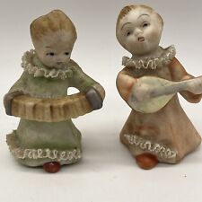 2 Vtg Angel Figurines Playing Mandolin & Accordion Fragile Lace Detail Bisque picture