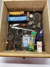 Vintage Junk Drawer Lot Football Cards Lures Watches Toys Horse Shoe Trains picture