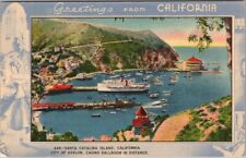 c1940s CATALINA ISLAND Calif. Postcard Avalon Harbor Bird's-Eye View / Linen picture