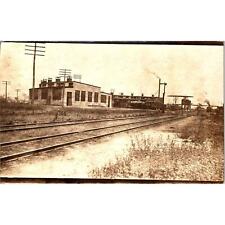 RPPC Train Track with Smoke Stack Train in distance Vintage Real Photo Postcard picture