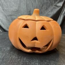Vintage 5” Halloween Terra Cotta Ceramic Pumpkin Jack O Lantern  w/Cover Autumn picture