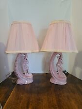 Vintage Mid-Century 1950s Pink & Gold Ceramic Dancer Table Lamp Set of 2 Shades  picture