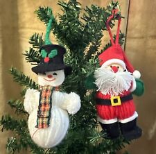 Vintage 1980 Set of 2 Hallmark Yarn Christmas Ornaments ~ Santa & Snowman picture