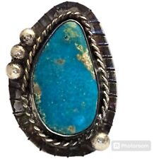 EXPRESSIVE VINTAGE NAVAJO PILOT MOUNTAIN TURQUOISE STERLING SILVER RING OLD Sz7 picture