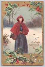 Postcard Happy Christmas Red Riding Hood Errand Of Mercy Embossed Antique 1910 picture