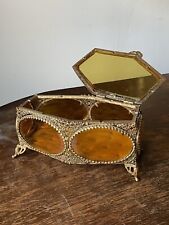 Vintage Filigree Vanity Jewel Casket Amber Glass Gold Ormolu picture