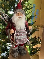 24IN PLAID COAT W/ FAUX FUR TRIM KNIT SWEATER AND W/ LIT LANTERN STANDING SANTA picture