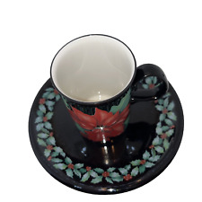 Dunoon Black Poinsettia Teacup & Saucer Set Stoneware Carolyn Bessy Scottland picture