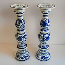 Pair of Bombay Blue and White Chinoiserie Taper Candlestick Holders. Porcelain picture