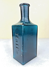 Antique Hall's Hair Renewal Bottle Deep Teal Embossed Medicinal Cures 6.25” Flaw picture