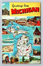 MI-Michigan, General Greetings, State Map, Landmarks, Vintage Souvenir Postcard picture