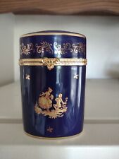 Vintage French Limoges Porcelain Trinket Box Cobalt Gold Trim Romantic Scene picture