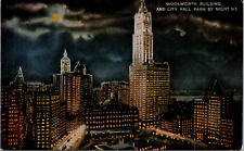Vintage C. 1940's Night View Woolworth City Hall Park New York City NY Postcard picture