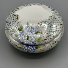 Vintage Trinket Box Porcelain Hand Painted Floral Footed  Lid Jewelry 3.5” picture