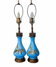 Pair of French Victorian Blue Opaline Table Lamps Hand Painted Floral picture