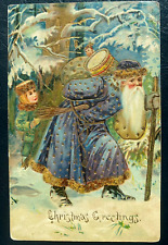 Fancy Blue Robe Santa Claus in Snow with Child~Toys~Christmas  Postcard ~k281 picture