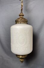 Vintage French Hollywood Regency Stencied Cased Milk Glass Swag Pendant Light picture