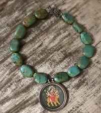 Durga Maa Goddess Pendant Necklace Turquoise Beads Sterling 18”vintage Chunky picture