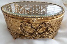 Vintage Filigree Jewelry Casket Trinket Box Beveled Glass Hinged Top 6