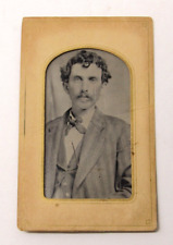 Handsome Young Man Tintype Photo Black Curly Hair Penetrating Eyes Civil War Era picture