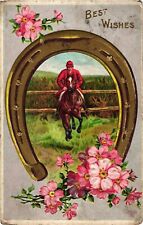 Lucky Horseshoe Flowers & Equestrian Embossed Postcard picture