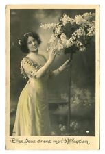Beautiful Woman with Lilacs Tinted Photo Postcard 1910s Antique French RPPC picture