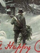 Tucks Happy Christmas Postcard Oilette Brings Home Tree Snow- Bound Night Scene picture
