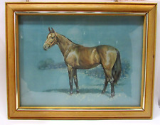 Vintage 1950's 12x16 Beautiful Horse Print Under Glass in Solid Oak Wood Frame picture