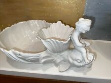 ITALIAN WHITE CERAMIC VINTAGE 1970’s Serving Bowl With Cherub On Dolphin 16”L picture