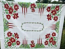 Vintage California Hand Prints Christmas Tablecloth Poinsettia Pinecones Candles picture