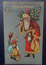 Long Red Robe Santa Claus with Children~Tree~Doll~ 1910 ~Christmas Postcard~k469 picture