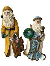 Vintage Santa Figurines Set of 2 Blue and Gold Coat With Reindeer picture