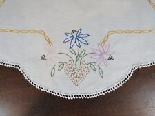 Vintage Round White Hand Embroidered Flowers Crochet Edge Doily 22
