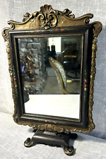 Antique French Ornate Black & Gold Vanity Mirror Hand Painted Flower Borders picture