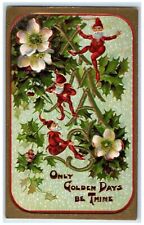 c1910's Christmas Elf Gnomes Flowers Berries Embossed Unposted Antique Postcard picture