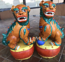vintage Signed Chinese Foo Dog Guardian Lion pair male & female 13” multi-color picture