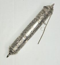 Antique Tibetan Silvered Brass Embossed Repoussé Scroll Case with Chain picture