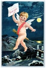 c1910's Cupid Angel Good Night Letter Winter Scene Moon Antique Postcard picture