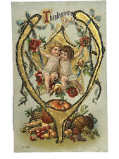 Thanksgiving Postcard Children Swing In Gold Wishbone Glitter Star Roses Bounty picture