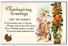 c1910's Thanksgiving Greetings Woman Spinning Wheel Fruits Embossed Postcard picture