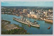 Wilmington NC, USS North Carolina US Navy Battleship in Harbor, Vintage Postcard picture
