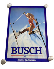 VINTAGE 1988 BUSCH BEER ORIGINAL POSTER HEAD FOR THE MOUNTAINS GIRL SKIING 20x28 picture