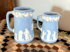 Antique Wedgwood Pottery Blue Etruscan Jasperware Queensware Pitchers (Set of 2) picture