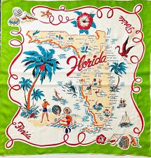 Vintage Florida Souvenir State Map Scarf Kitch 1950s Rayon Lime Red White Teal picture